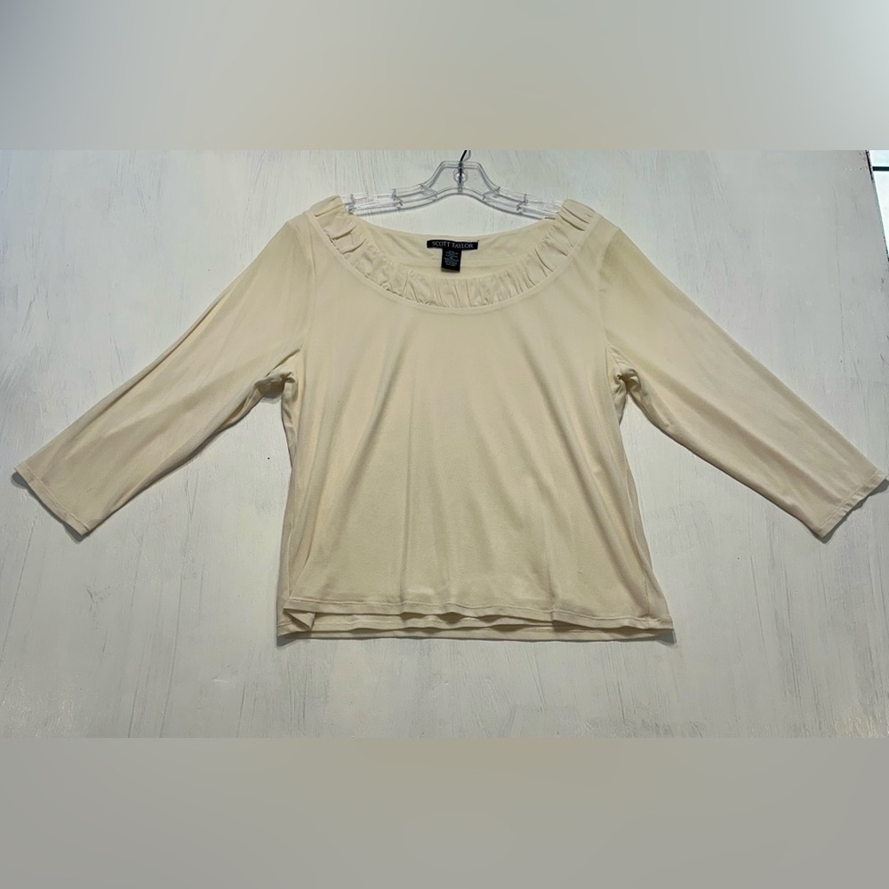 Scott Taylor Cream Nylon Top XL Ruched Scoop Neck 3/4 Sleeve Stretch Blouse - Picture 1 of 9